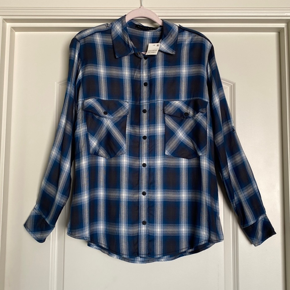 NWT- Sanctuary boyfriend shirt Blouse Womens Oversized plaid Teal/Navy Size S